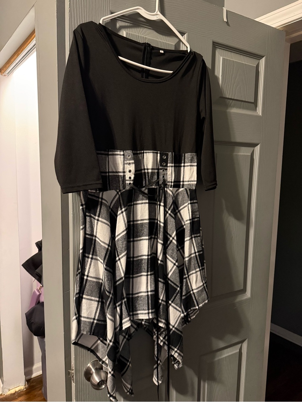 Girls Black & White Plaid Handkerchief Hem Dress